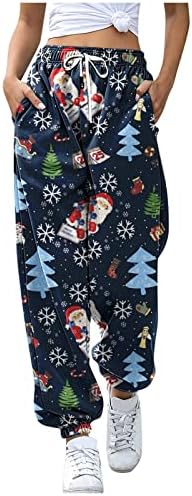 Žene božićni tisak trenerke vrećasti pamučni elastični struk cinch dno vreća s vrećama za teretne hlače Djed Mraz planinarenje atletski