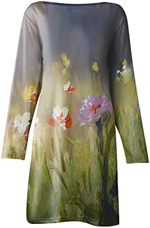 Ženske ljetne mini haljine s dugim rukavima cvjetni print Crewneck casual labavi protok 2023 dužina koljena Sundress