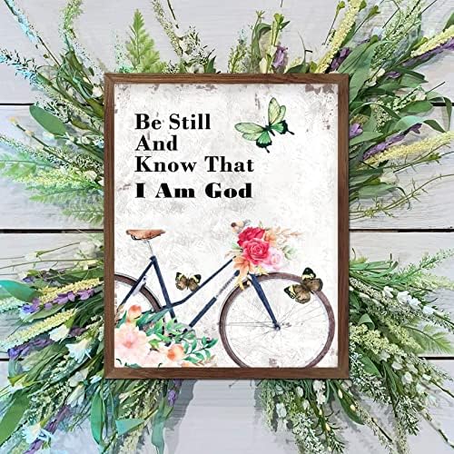 Budite mirni i znajte da sam Bog uokviren drvenim natpisom proljetni leptir bicikl košarica cvjetni zid umjetnosti seoska kuća francuska
