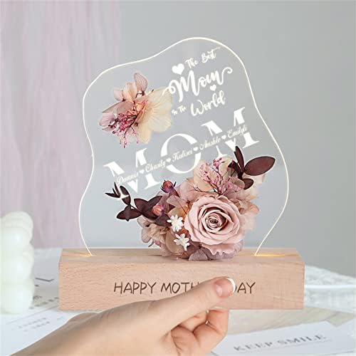 Personalizirano oblačno akrilno noćno svjetlo sa suhim cvijetom Majčin dan vječni cvijet Akrilna svjetiljka s imenima 1-10 djece, poklon