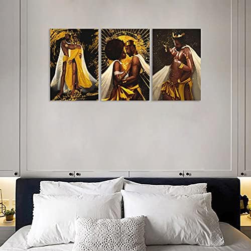 Guttaty 3 komad crni kralj i kraljica zidna umjetnost - afroamerički crni par platno zidna umjetnost za zid dekor spavaće sobe, zlato