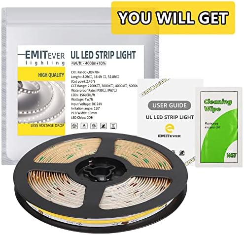 EMITEVER COB LED traka Svjetla Cool White, 5000k Premium Svjetlo visoke gustoće, DC 24V, 400+Lumens/FT, 156LEDS/FT, RA 90+, IP30, 16,4FT,