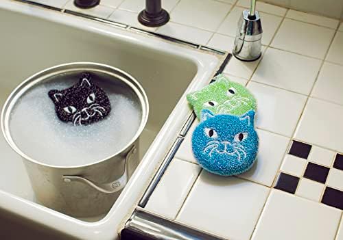 Kikkerland Kitty mačje spužve za višekratnu upotrebu, za pročišćavanje, čišćenje, pranje posuđa, kuhinjske piling, set od 3, crno/zeleno/plavo