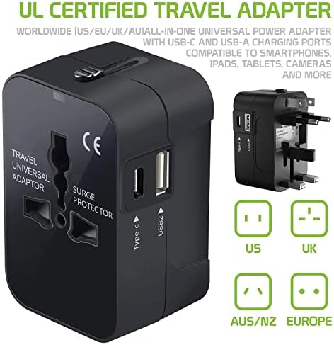Travel USB Plus International Power Adapter kompatibilan s Lenovo Ideatab S6000 za svjetsku energiju za 3 uređaja USB Typec, USB-A