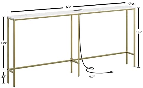 Konzolni stol od 70,9 inča s utičnicom, Moderni uski dugi stolić za kauč iza kauča, uski ulazni stol sa zlatnim metalnim okvirom za