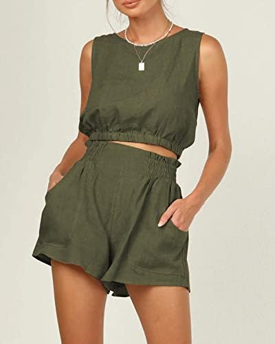 2-dijelna Ženska ljetna odjeća, setovi kratkih hlača, crop top bez rukava s okruglim vratom, Majica Bez rukava i kratke hlače s visokim