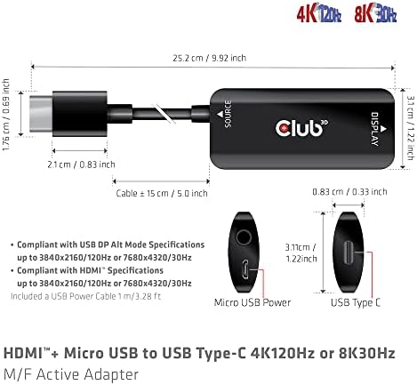 Club3d CAC-1336 HDMI ™+ Micro USB na USB Type-C 4K120Hz ili 8k30Hz M/F aktivni adapter