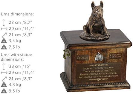 Sjedeći Bull Terrier, spomen urna za pseći pepeo s kipom, imenom kućnog ljubimca i citatom-personalizirano