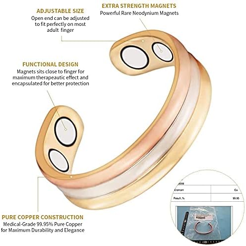 Bakreni prstenovi s 2-pakovom magnetskom tri tona postavljeni za artritis- podesivi čisti prsten s magnetima žene