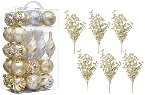 Valery Madelyn 6 PCS Gold Glitter božićni izbori, 40CT elegantni zlatni i bijeli božićni ukrasi kuglice dekor