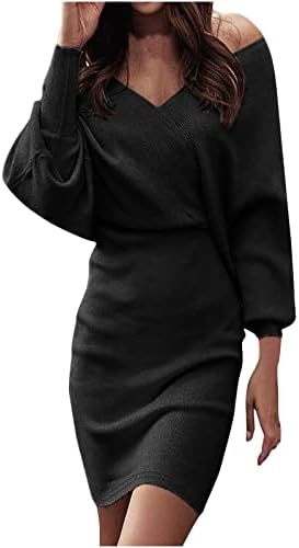 Ženske elegantne V vratne haljine za omotavanje džempera seksi od ramena batwing rukava čipka obloga bez leđa karoserija mini pletena