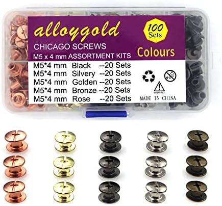 Alloygold 100 Sets Chicago Screw Kit 5 Color Leathets Vijak Vijačne zakovice Chicago Gumbi za vijke DIY Kožna obloga crno srebrno zlato