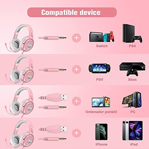 Slušalice za igranje s LED pozadinskim osvjetljenjem, Slušalice s mikrofonom, ružičaste glazbene slušalice, meke memorijske slušalice