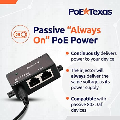 Poe Texas Poe Injektor - Power Power Over Ethernet Pasivni Poe adapter - 10/100/1000 Gigabit Podaci - Uključuje 48V 15 W napajanje