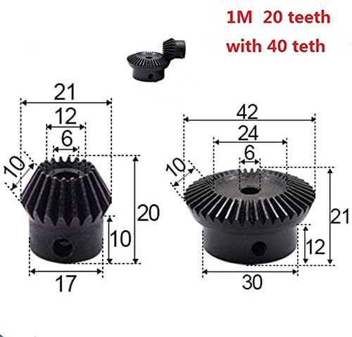 Industrijski zupčanik 2 kom / lot 1: 2 konusni zupčanik 1 modul 20 zuba + 40 zuba unutarnja rupa 6 mm čelični zupčanici pod kutom od