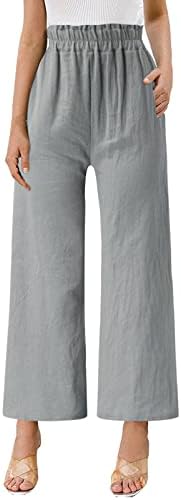 Ležerne ljetne ženske hlače od pamuka i lana, široke hlače ravnih nogavica, duge hlače visokog struka s džepovima, udobno dno