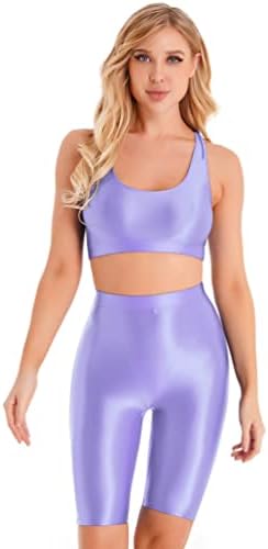 2-dijelni ženski komplet za vježbanje sjajni sportski kupaći kostim bez rukava Crop Top sa sportskim kratkim hlačama