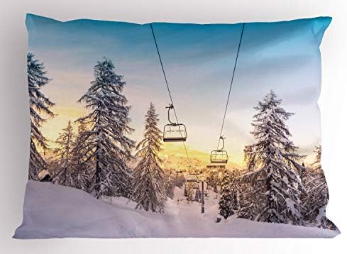 Ambasonne zimski jastuk sramota, planine sa skijaškim nagibima i dizala u blizini mjesta za odmor za odmor za skijaške spojeve, ukrasna