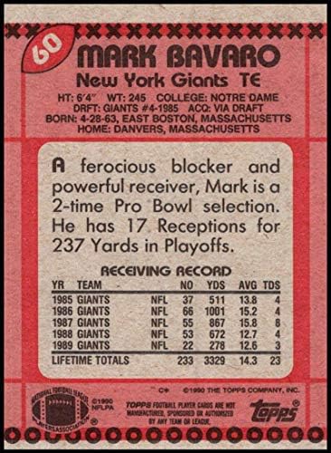 1990. Topps 60 Mark Bavaro NY Giants NFL FOTPAT CART NM-MT