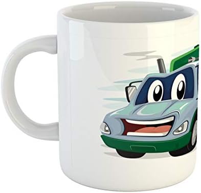 Ambasonne kamion za smeće, maskota crtana ilustracija smeća s čudnim osmijehom Smiješna tema, keramička šalica kave za pića za čaj