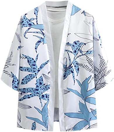 UBST japanski kimono kardigan za muške, labav otvoreni prednji 3/4 rukave bijele dizalice cvjetni print casual lagana jakna