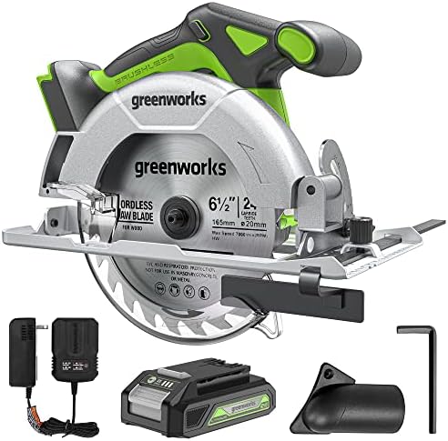Greenworks 24V bez četkice 6-1/2 Kružna pila, 4.800 o/min, podesiva dubina rezanja 45 °/90 °, s 24V 2AH baterijom i punjačem