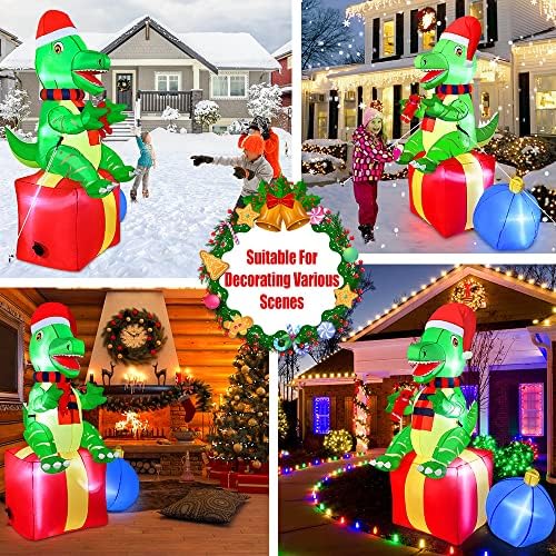 Gudelak 6ft Dinosaur Božićni gužvi Vanjski ukrasi s božićnim šeširom poklon kutija Little Monster & Build-In LED-ovi, božićni ukrasi