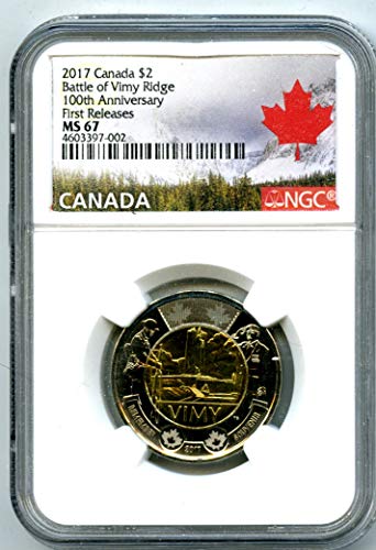 2017. CA Kanada Toonie 100. obljetnica Bitke za vrh Vimy Ridge prvo objavljuje 2 MS67 NGC
