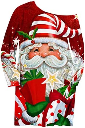 Haljine za žene 2022 haljina za povratak kući Božićni 3-inčni print zakošeno rame ležerni mini pulover s dugim rukavima