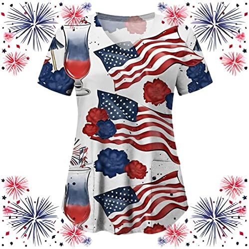 4. srpnja košulje za žene sa zastavom SAD-a ljetne košulje kratkih rukava s izrezom u obliku slova U I 2 džepa bluze Svečana ležerna