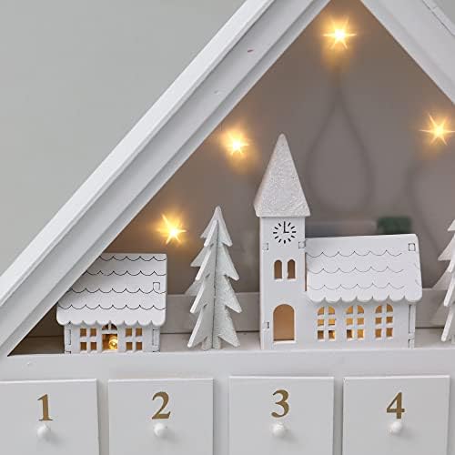 Bijela Božićna drvena kućica s adventskim kalendarom s velikim ladicama LED svjetla za odrasle i djecu Božićni ukras odbrojavanja od