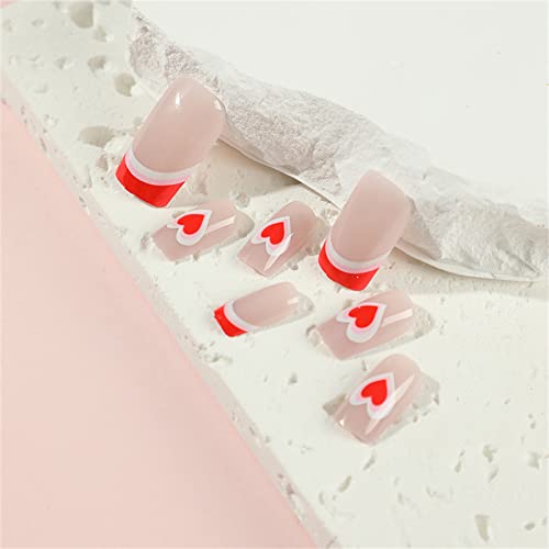 24pcs Francuski ružičasti s bijelim srcem lažni nokat s punim pokrivanjem kvadratni kratki tisak na noktima s ljepilom za žene i djevojke