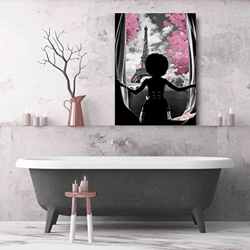 Afroamerička zidna umjetnost crna djevojka ružičasta cvjetova platna otisci moderna crno -bijela zidna umjetnost moda paris ukras slike