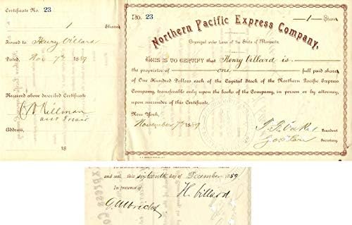 Northern Pacific Express Co. Izdali i potpisali Henri Villard, T. F. Oaks i J. H. Earlom