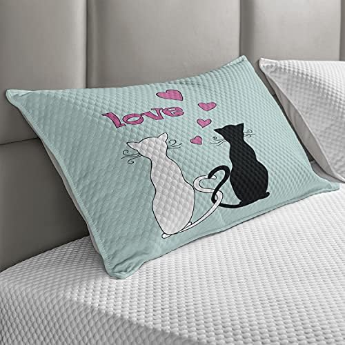 Ambasonne mačka prekrivena jastuka, crno -bijela mačja mačja paru s repovima i zaljubljena u romantična srca, standardni pokrov jastuka