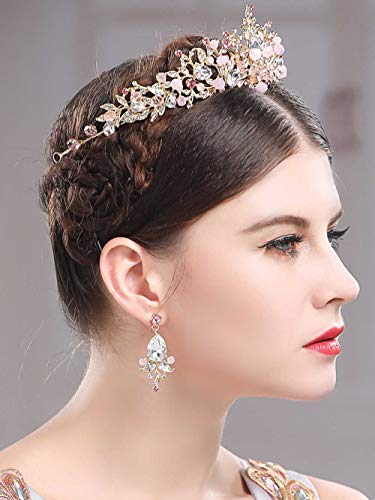 Kraljevska kruna i tijara _ ružičaste kristalne krune zlatne vjenčane tijare s naušnicama srednjovjekovna bujna kruna Dodaci za kosu