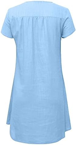 Ženske pamučne posteljine midi haljina kratki rukavi v vrat labave tunične haljine Ljetno labava čvrsta boja vintage casual sunders