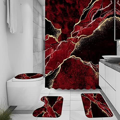 Vino crveni mramorni setovi za zavjese za tuširanje, zlatne crne linije crni dekor kupaonice, poklopac za toaletni poklopac prostirke