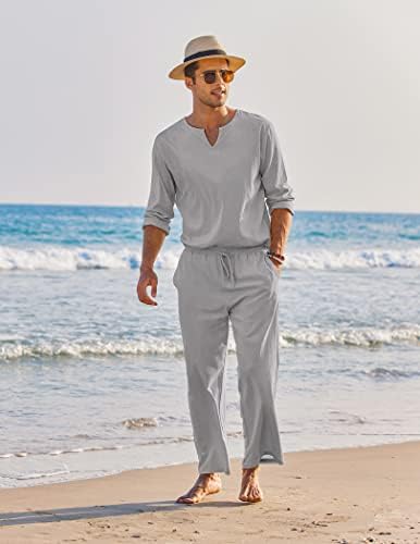 Coofandy muški 2 komada pamučna posteljina set Henley košulja dugi rukavi i casual plaže hlače ljetne joge odjeće