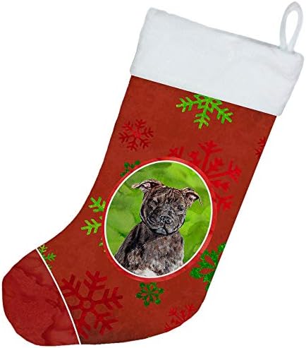 Caroline's Treasures SC9753-CS Staffordshire Bull Terrier Staffie Crvene snježne pahuljice Odmor Božićna čarapa, kamin viseće čarape