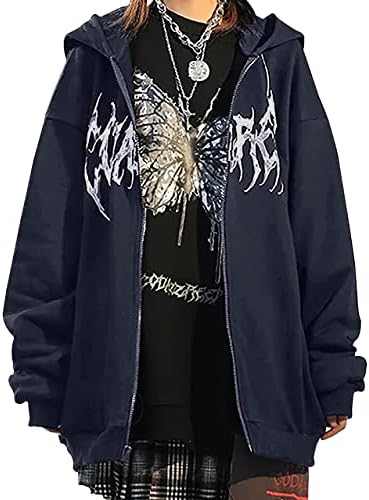 Missactiver ženske povremene grafičko tiskane kapuljače Preveliki zip up 90-ih E-Girl Streetwear Grunge jakna