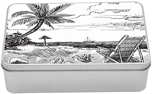 AMBESONNE Ljetna limena kutija, skica plaže s palminom stolicom kokosova jahta Tropska praznična putovanja Panorama, prijenosni pravokutni