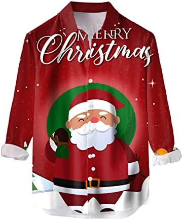 XXBR majice za božićne gumbe za muške, dugi rukavi 3d smiješni Xmas Djed Mraz print havajska košulja fit casual majice