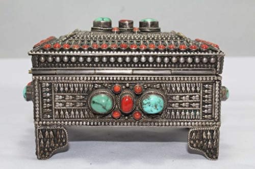 Rajasthan dragulji kolekcionarski ručni rad rezbarenje tibetanske srebrne kutije za sitnice tirkizno narančasto kamenje ..