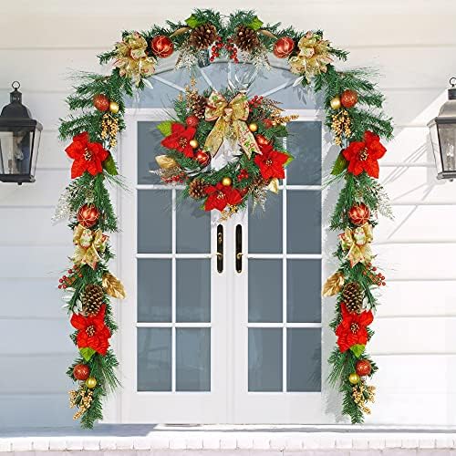 Crveni božićni vijenci za ulazna vrata, 24 -inčni osvijetljeni božićni vijenac s LED svjetlima i crvenim cvjetovima, božićni vijenac