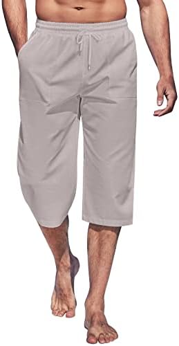 Usecee pamučne lanene hlače za muškarce Capri Hareme hlače Elastično STRAK Sportski dnevni boravak hlače plaža joga hlače s džepovima