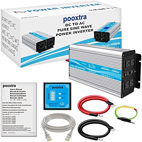 Pooxtra 2000 Watt čisti sine valni pretvarač 12V DC do 110V AC CONTERPER SA 4 AC Outlets, 1 USB priključak, daljinski upravljač od