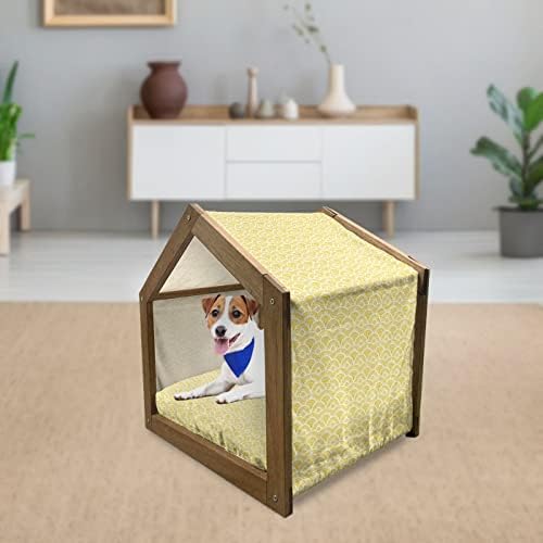 Ambasonne geometrijska drvena kuća za pse, vertikalne cik-ove trake s trokutima fraktalni izgled vintage mozaik pločica, zatvoreni