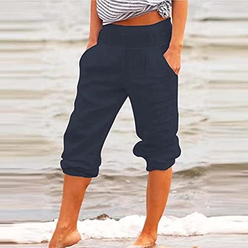 Ženske pamučne lanene hlače Capri, plaža širokim nogama labava fit dužina koljena teret capris ljeto casual ošišane hlače za žene