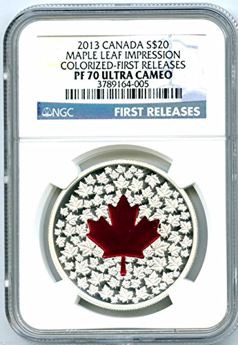2013. Kanada 20 dolara srebrni dokaz Maple Leaf Impression NGC PF70 obojeno crveno cakline